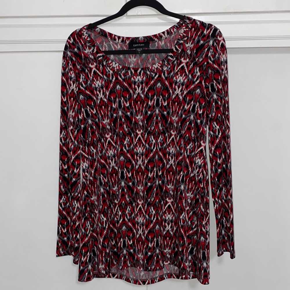 Kasper Red & Black Printed Long Sleeve Scoop Neck Top